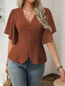 2026 Cross-Border European and American Fashion Deep V-Neck Solid Color Single Button Fitted Waistcoat Women's Short Sleeve Top