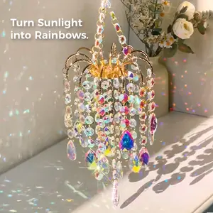 16 Inch/42cm Gold Crystal Sun Catcher | Rainbow Maker Window Decor.Creates dancing rainbows on walls. Gold metal frame with artificial crystals. great gardening , french doors , rain box chime unique large memorial wind chime