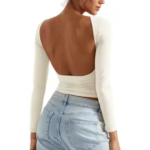 Women Backless Going Out Tops Double Lined Open Back Basic Long SleeveH1HomeFixMart
