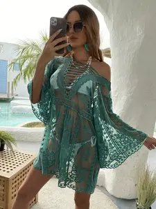 Boho Style Women's Semi-Transparent Swimwear Cover-Up, Hollow Knitted Lace Boat Neck Seven-Sleeve Design, Summer Beach Vacation Casual Outerwear, Beach Cover Ups