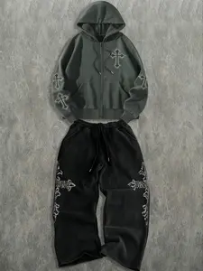 Cross Stitch Print Sportswear Set, Loose Hooded Sweatshirt and Long Pants, Casual Home Comfort Style, Daily Wear, Streetwear Tracksuit Set