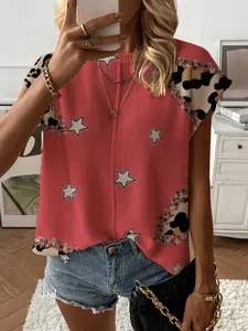 Spring Summer Women's Knit Top, Round Neck Shoulder Straps Loose Fit, Colorblock Leopard Print Short Sleeve, Casual Elegant Commute Wear, Womenswear