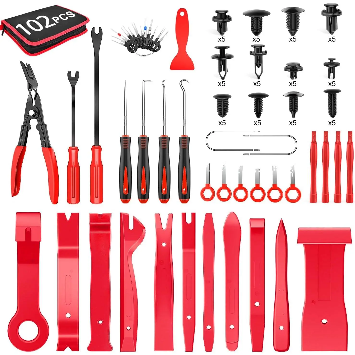 GOOACC 102Pcs Trim Removal Tool, Auto Terminal Removal Tool, Auto Clip Pliers Stereo Removal Tools, Car Upholstery Repair Pry Kit,Precision Hook and Pick Set, Round Handle Crowbar,father'sdaygifts,car accessories
