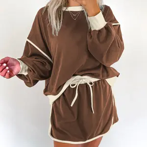 Women's Skort Set Long Sleeve Matching Sets 2025 Fall Outfits Color Contrast Loose Pullover and Lace up Waist Comfort Casual Style Suits Two Piece Set