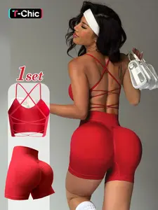 Two-piece Set Women's Solid Crop Sports Bra & High Waist Shorts Tracksuit Set, Sporty Casual Breathable for Yoga Gym Workout Running, Ladies Sportswear for All Seasons, Workout Sets Women, Gym Clothes Set, Fitness Sportswear Set