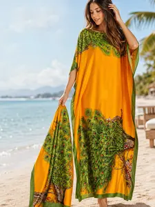 Peacock Print Kaftan Robe and Headscarf Set, Luxury Satin Feel, Flowy Loose Fit, Ideal for Vacation & Loungewear, Comfortable and Stylish