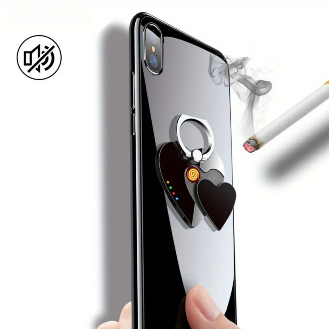 Windproof USB Electric Cigarette Lighter with Phone Holder - Love-Shaped Design, Portable Metal Ring Stand Lighter for Outdoor Camping, Valentine's Day Gift for Him/Boyfriend