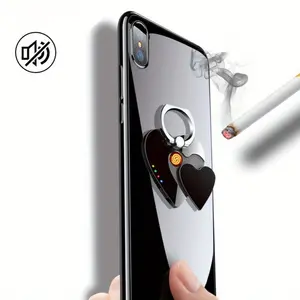 Windproof USB Electric Cigarette Lighter with Phone Holder - Love-Shaped Design, Portable Metal Ring Stand Lighter for Outdoor Camping, Valentine's Day Gift for Him/Boyfriend