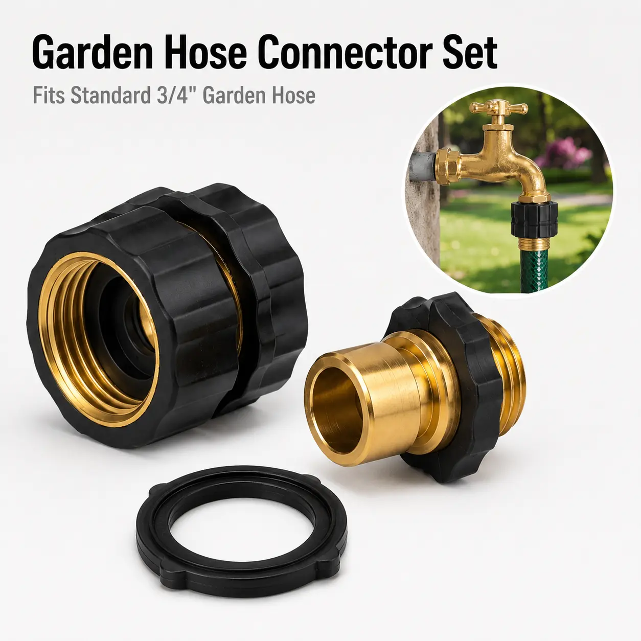 4 sets of garden pipe fittings, brass hose connectors with 4 rubber gaskets, outdoor faucet adapters, suitable for garden pipes and spray gun nozzles, easy-to-tighten leakproof sealing repair parts