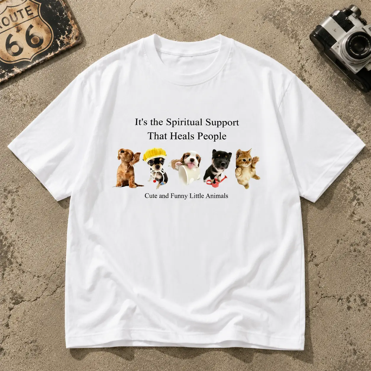 Cute and Funny Little Animals Graphic Tee, 100% Thick Cotton White Heavyweight Oversized Shirt, Golden Retriever Kitten Love Top Everyday Dopamine Aesthetic