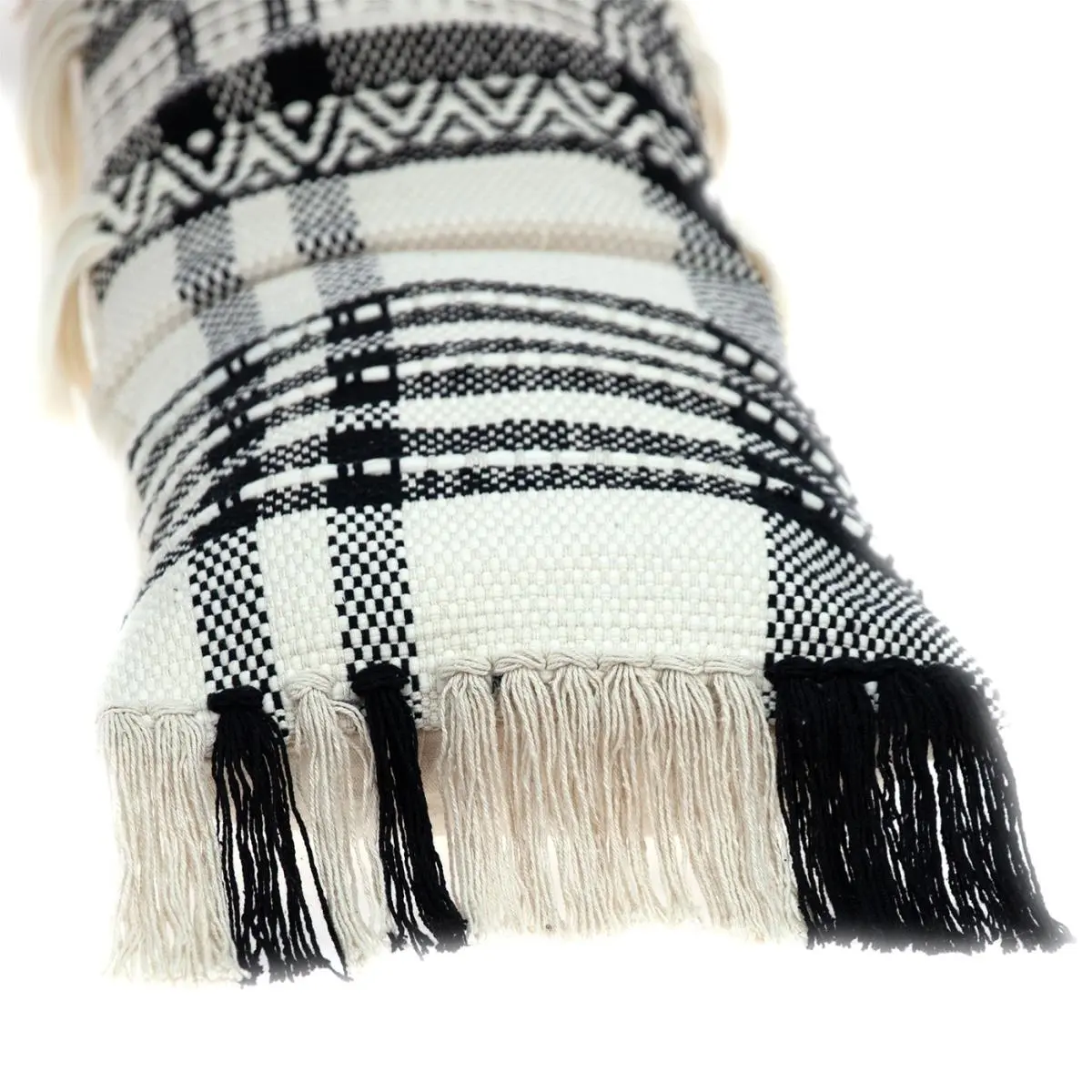 212 MAIN Large Cotton Fiber Long Lumbar Throw Pillow, 35x12x4 in, Black & White Geometric Print, Fringe Detail, Transitional Look, Zipper Closure