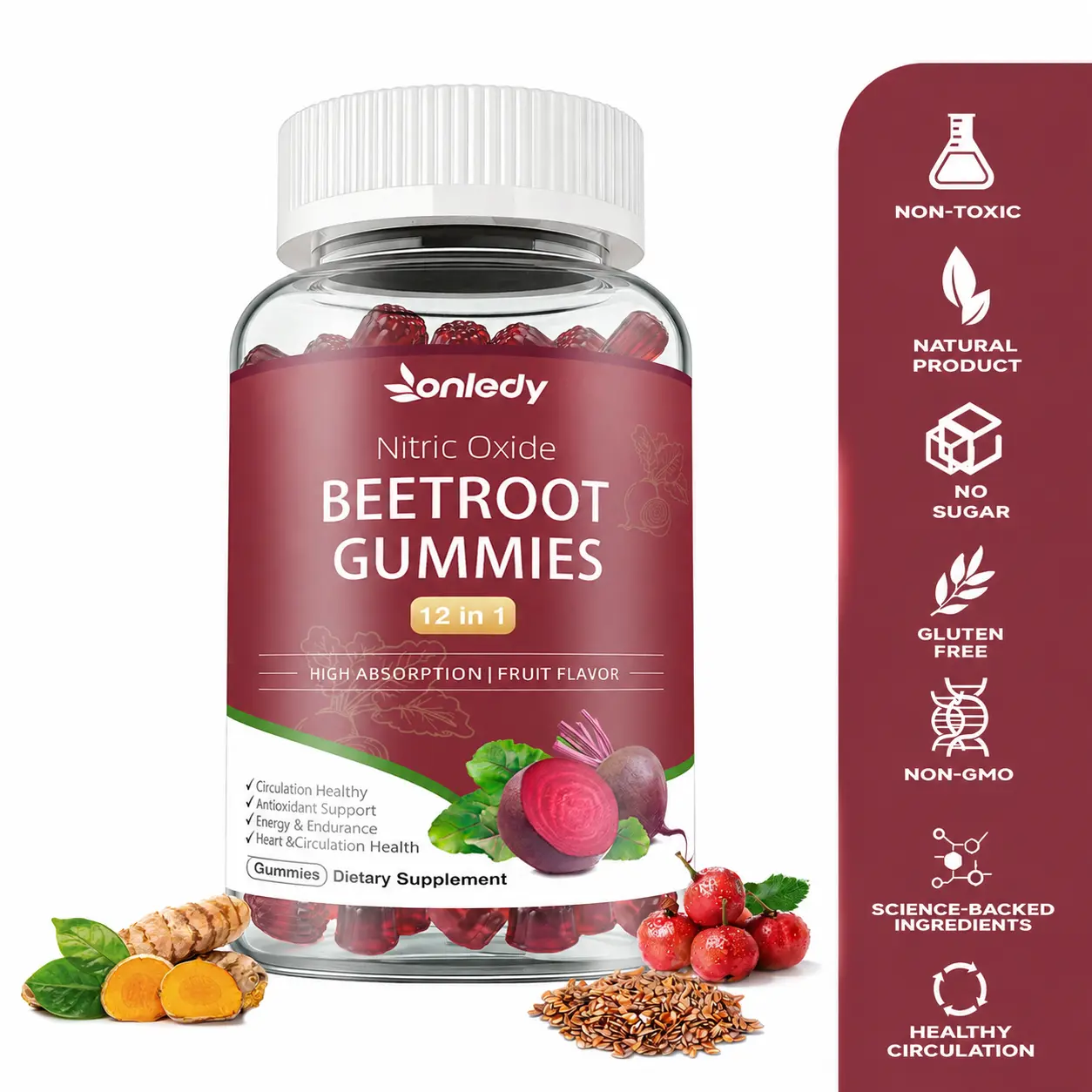 Onledy 12-in-1 Nitric Oxide Beet Root Gummies,Grape Seed Extract,Coq10,D3K2 Natural Help for Energy & Endurance, Strawberry Flavor 60 Gummies Supplement Healthcare