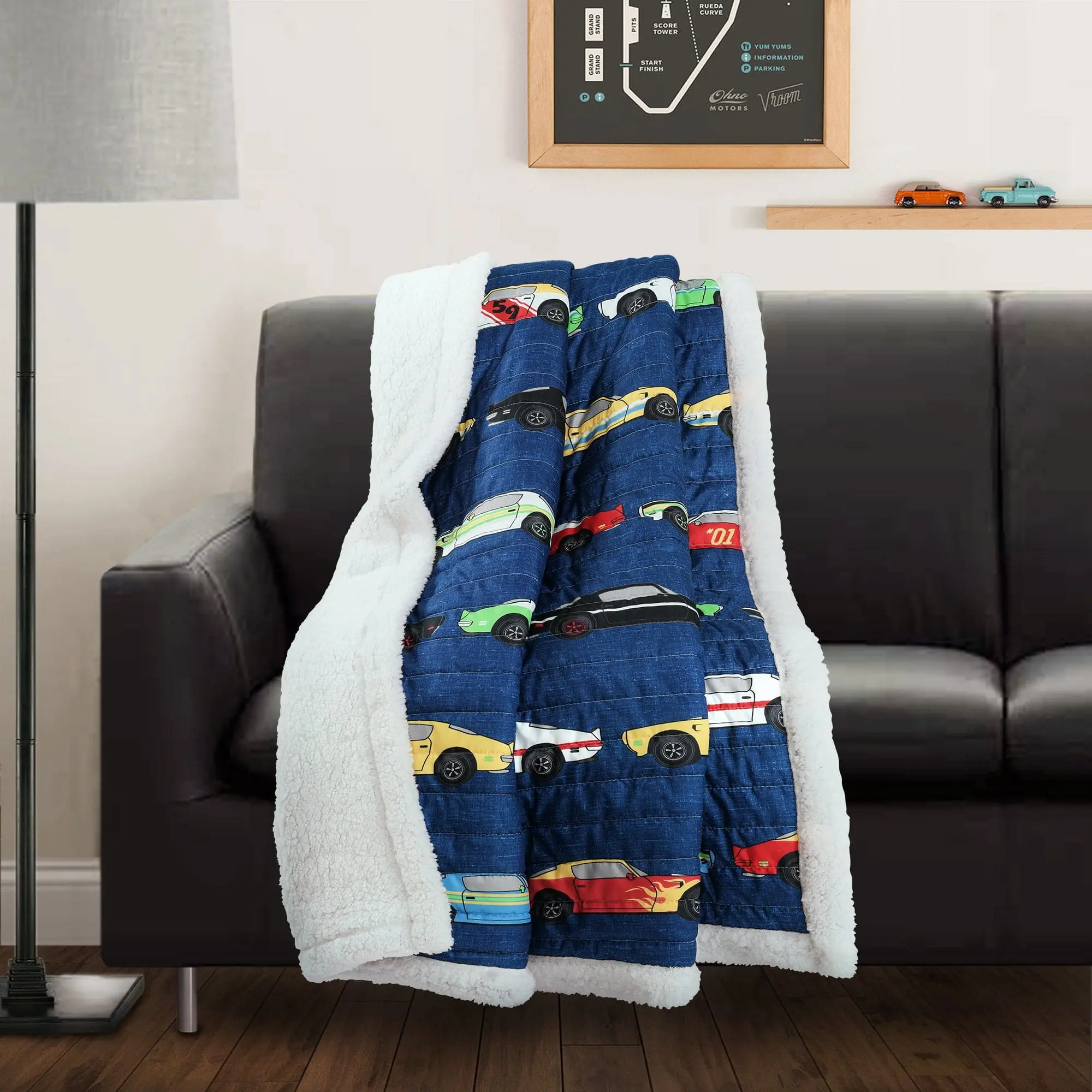 Lush Decor Race Cars Throw Sherpa 60x50 inches Printed Linen Texture Soft Sherpa Reverse for Kids Bedroom or Playroom, Bedroom Bedding Blankets, Home Decor Blanket, Soft Throw Blanket