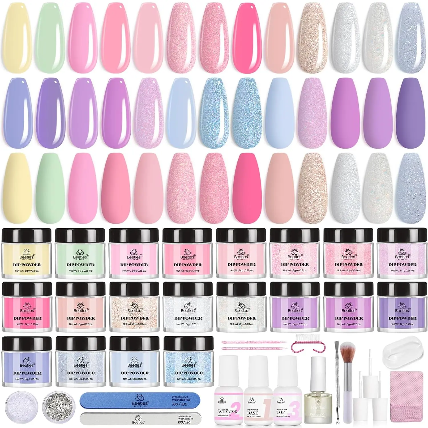 Beetles Dip Powder Nail Kit, 20 Colors Pastel Pink Purple Pearl Blue Shimmer Chameleon Green Colors Dip Nails Powder Starter Kit with Base Top Coat Activator Brush Saver for Nail Art Manicure