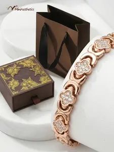 Solid copper magnetic bracelet in gift box, women's style, 3800 gauss effective magnets, inlaid with crystals, rose gold four-leaf clover design, fashionable stackable bracelet, spring essential, adjustable, perfect gift, Crystal Bracelets