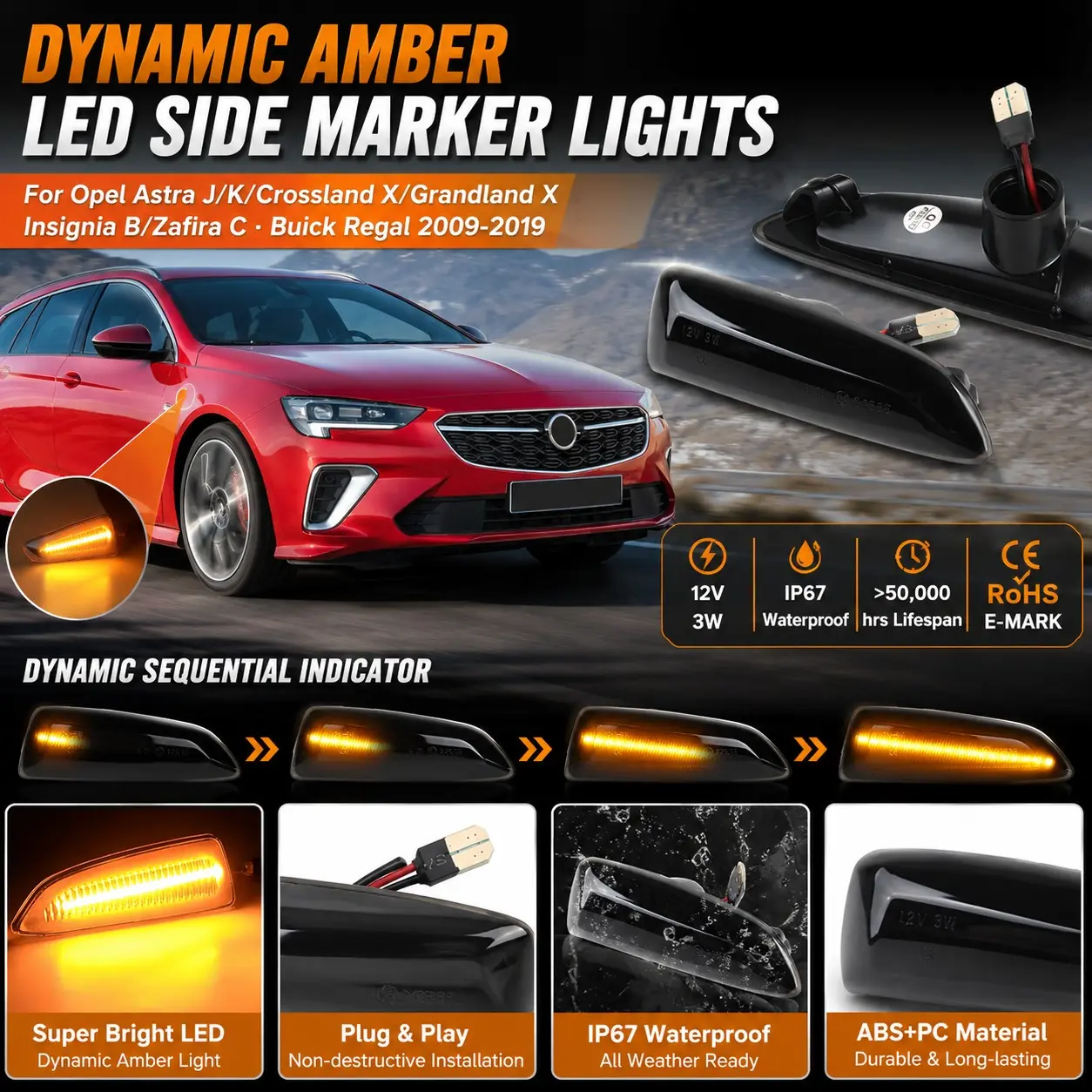 💡🚗2PCS Dynamic Amber LED Side Marker Lights for Opel Astra J K Crossland X Grandland X Insignia B Zafira C & Buick Regal, Sequential Turn Signal Lamp, IP67 Waterproof