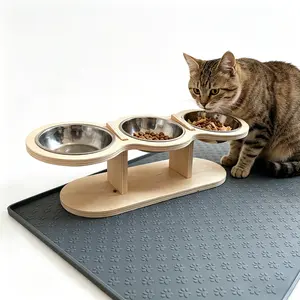 [Summervibes]Elevated cat bowl with 15° tilted wooden stand with 3 stainless steel cat bowls for indoor cats, small dogs and puppies cat stuff for indoor outdoorfun