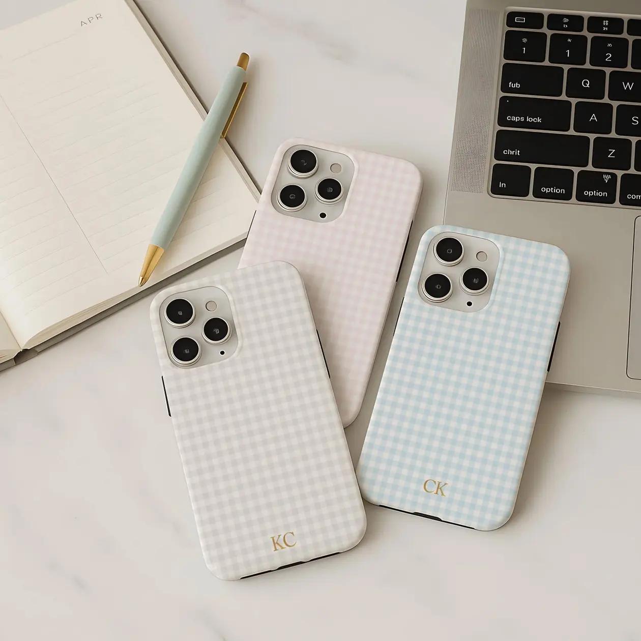 Customized Gingham Gold Initials Shockproof Polycarbonate Smartphone Protect Cover - Fade-Resistant, Freestanding Case for iPhone 17-11/SE, Galaxy S25-S23, Electronics Accessory