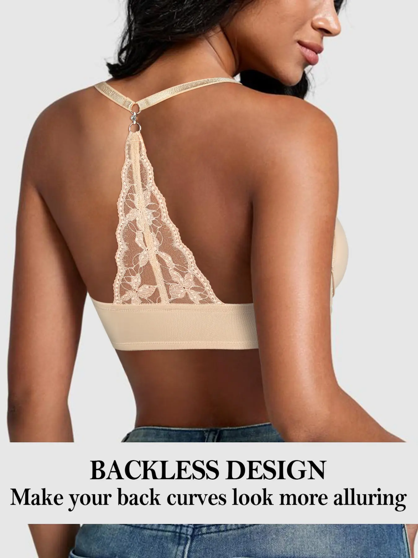 Women's Sexy Lace Backless Front Buckle Triangle Back Bra, Comfortable All Season Wear, Medium Support Fitted Smooth Bralette, Plain Design Underwear