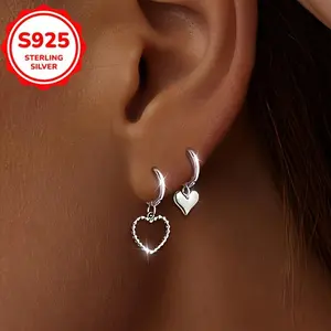 2 pairs of fashionable S925 sterling silver heart-shaped dangling earrings - hypoallergenic, perfect gift for her, daily and party wear