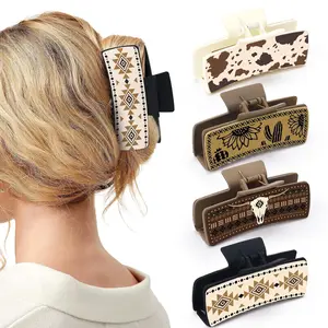 Leather Multi-Color Cow Head Square Hair Clip Handmade Claw Design High Ponytail Claw Clip Lightweight 31g for All-Day Wear