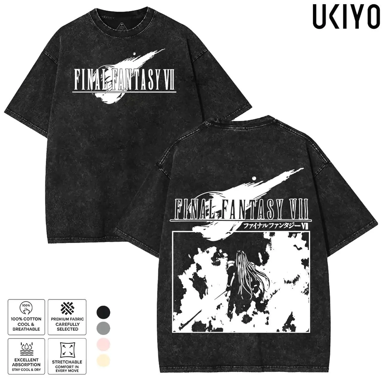 Final Fantasy VII Graphic Tee Sephiroth Vintage Gaming Acid Wash T-Shirt Unisex Heavyweight Cotton Oversized Streetwear Tshirt Retro FF7 Cloud Merch Clothing XW4