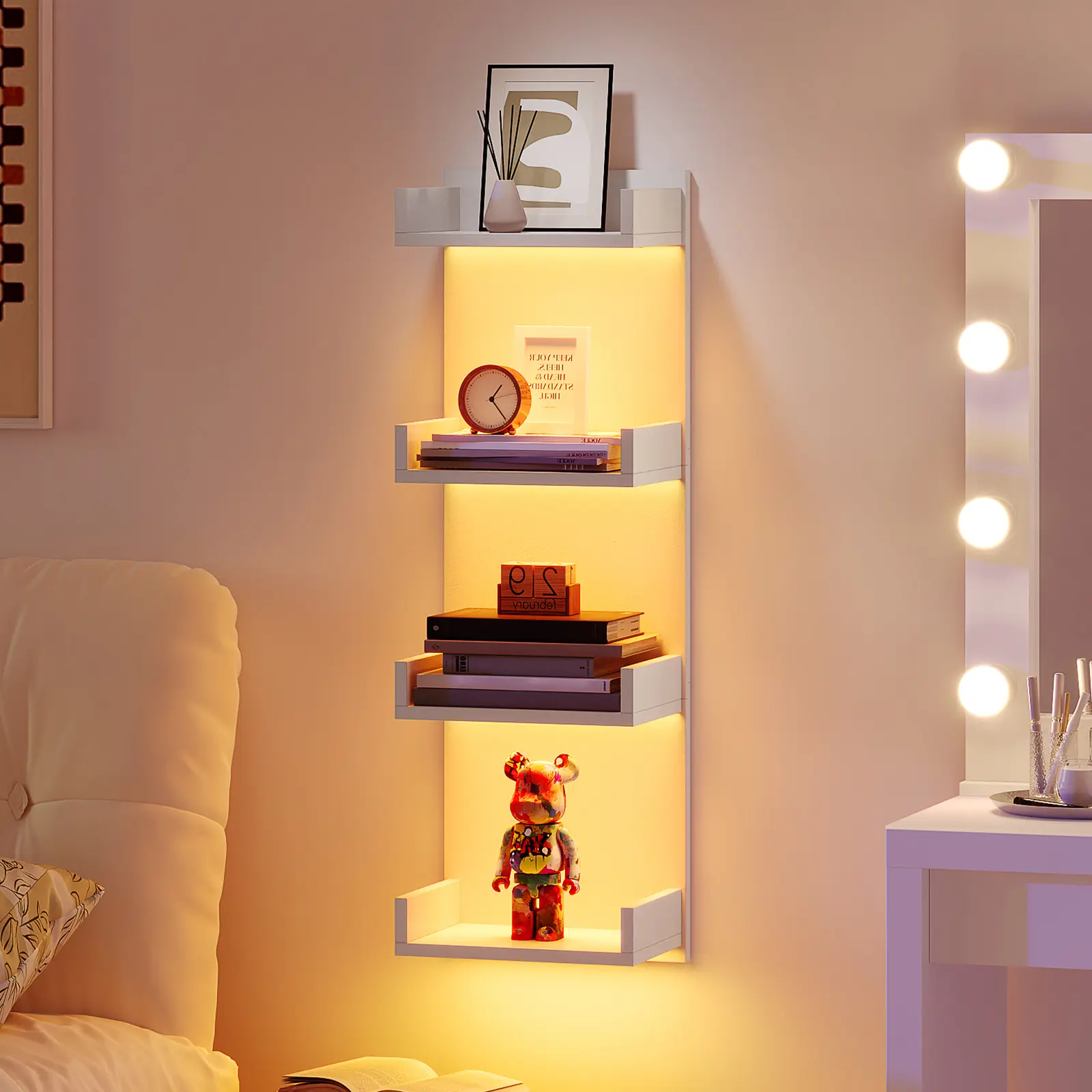 HOOBRO Wall Shelf with LED Remote Control Lights, 4-Tier Floating Shelves Wall-Mounted for Storage, Vertical Display Stand, Modern Column Rack, for Bedroom, Living Room, Hallway, White Interior Decoration Items #SummerVibes