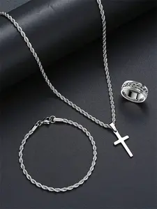 Men's Matching Elegant Western Jewelry Set with Cross Pendant Necklace, Hollow Chain Bracelet, Ring, Stainless Steel, Hypoallergenic, Perfect Gift