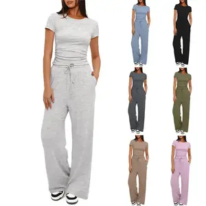2025 Solid Color Casual Set Ruched Short Sleeve Top High Waist Wide Leg Pants Two Piece Pant Set Womenswear Clothes Suits Comfort Baggy Loose Oversize Oversized ShortsleeveTrouser elegant gym outfits