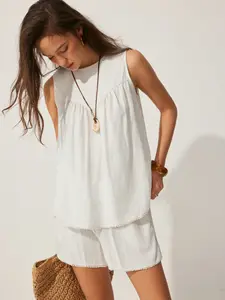 Cider Boat Neck Ruched Sleeveless Top & Mid Rise Wide Leg Shorts Set