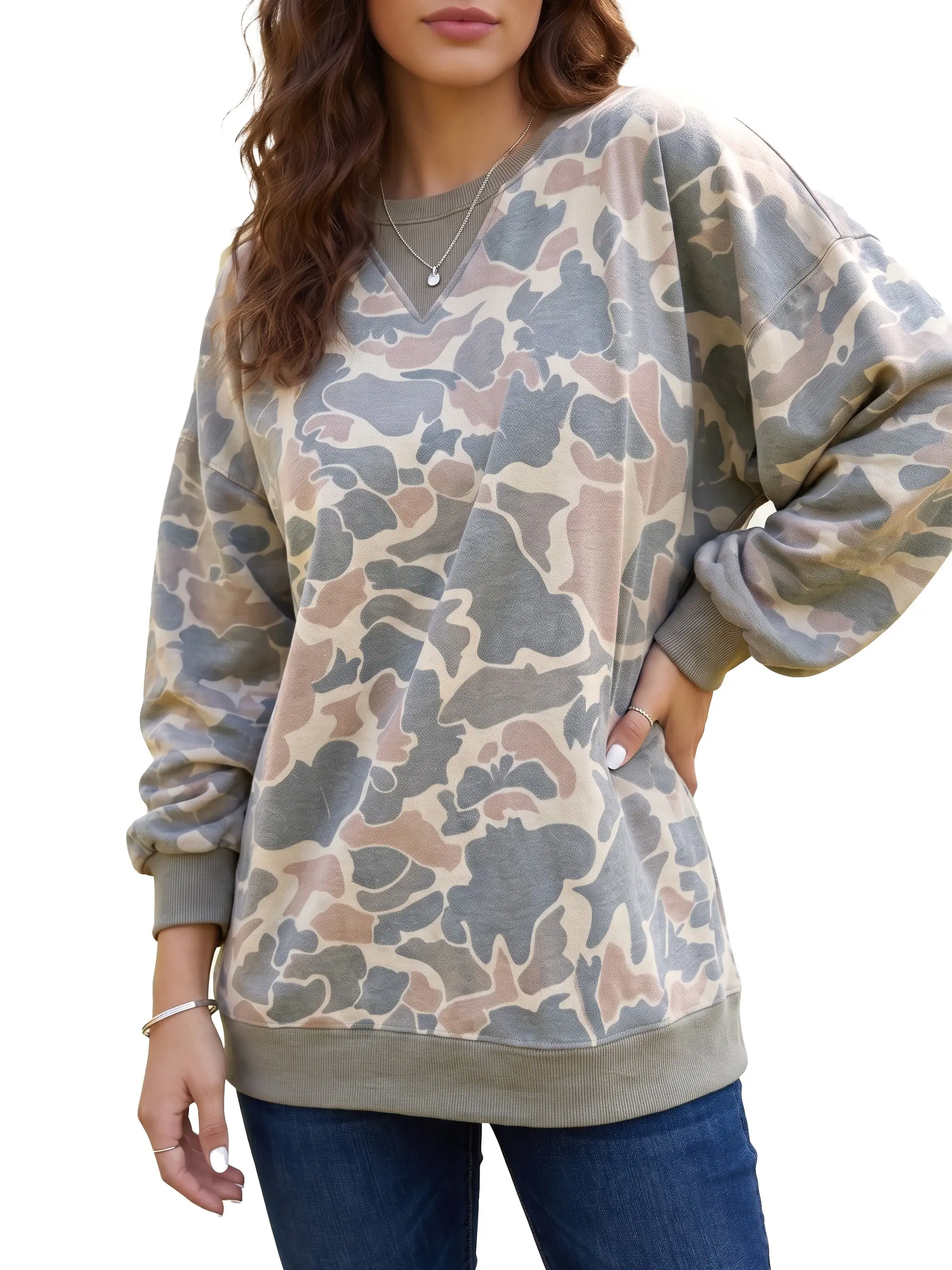 Women's Oversized Camo Sweatshirt Casual Crewneck Drop Shoulder Pullover Tops Long Sleeve Ribbed Knit Loungewear