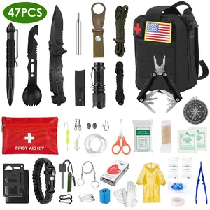 47Pcs Emergency Survival Kit Survival EDC Gear Equipment Tool First Aid Supplies Kit Tools with Pouch for Hiking Hunting Disaster Camping Adventure,summervibes