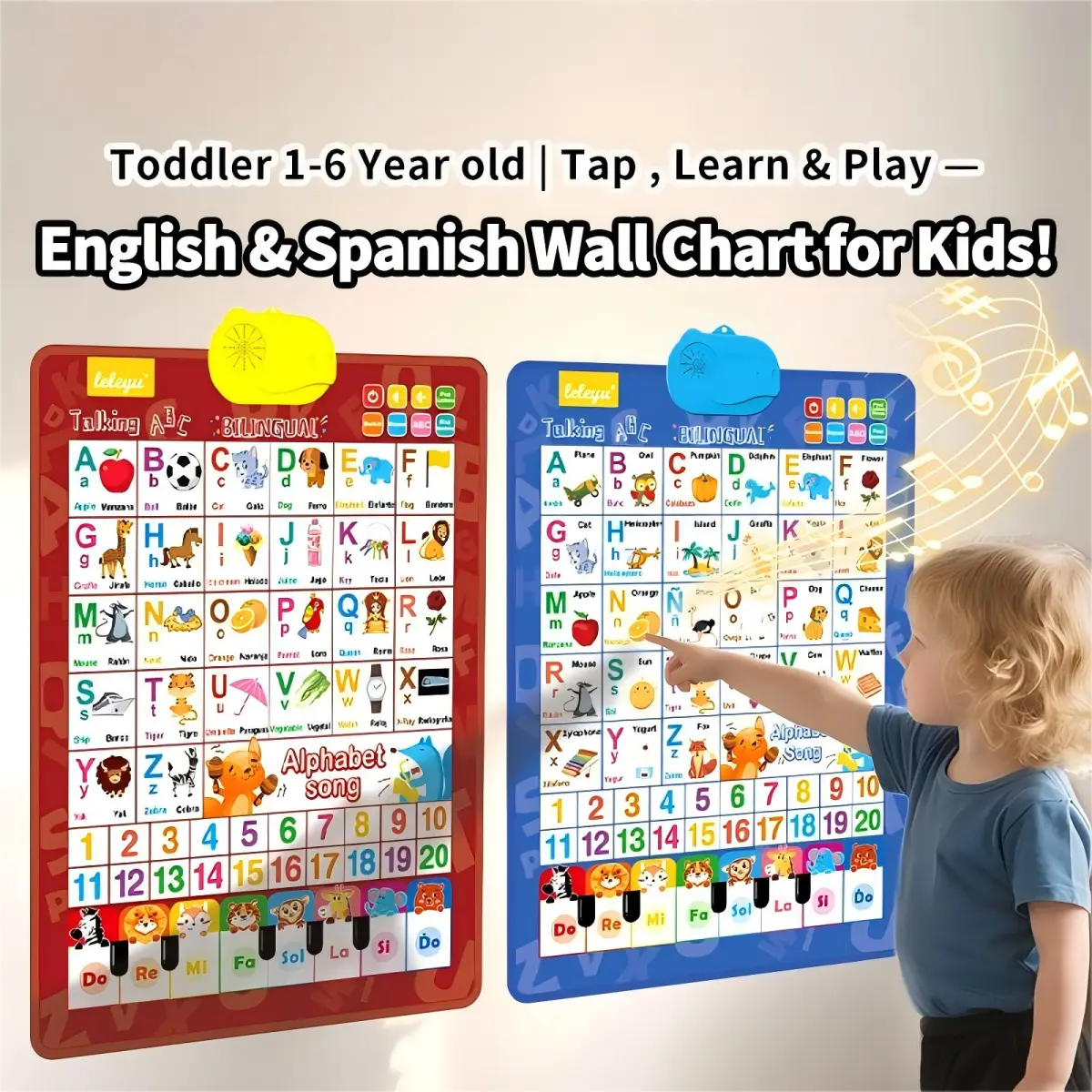 Bilingual English-Spanish Music Alphabet & Numbers Wall Chart for Kids - Interactive Preschool Alphabet Tool, Homeschool Supplies, Classroom Learning Activity Set to Enhance Language Skills