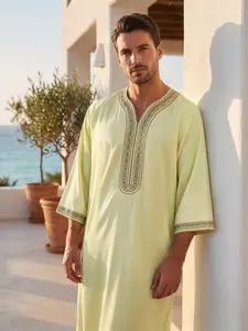 Moroccan Traditional Men's V-Neck Long Robe, Geometric Embroidery, Cool Daily Wear, Loose Fit Jubba, Eid Al Adha Festival Costume, Perfect Gift