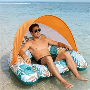 Inflatable Pool Float with Canopy, Tropical Leaf Print Floating Lounge Chair with Cup Holder, Sun Shade Water Seat for Adults, Perfect for Beach, Pool & Lake Parties, Ideal Summer Water Toy