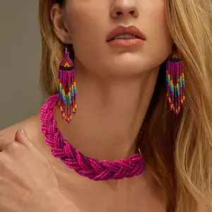 1 necklace +1 pair of earrings, Bohemian style retro multi-layer woven rice bead necklace, tassel earrings, ladies' jewelry set, festival gift, birthday gift