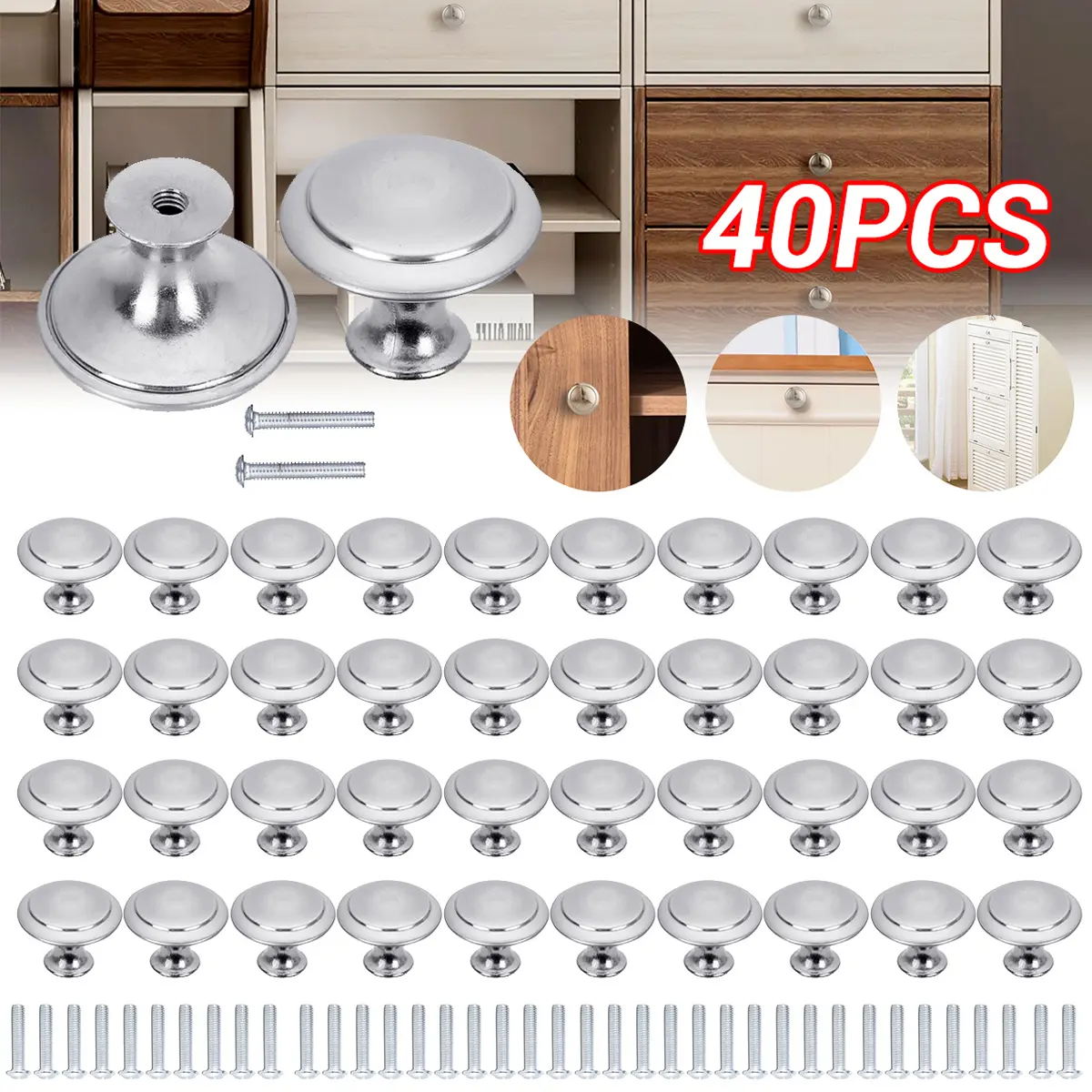 40Pcs Brushed Nickel Brushed Finish Cabinet Knobs - Easy Install Stainless Steel Zinc Alloy Drawer Pulls Door Handles with Matching Screws, Brushed Finish Doorknobs, Easy Install Doorknobs
