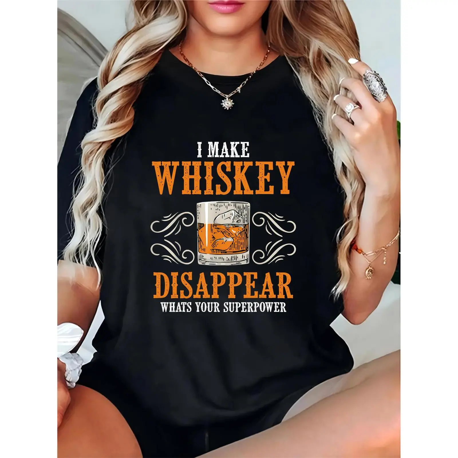Women’s "I Make Whiskey Disappear" Whiskey Glass Print T-Shirt | Funny Casual/Party Tee for Whiskey Lovers | Black 100% Cotton T-shirt