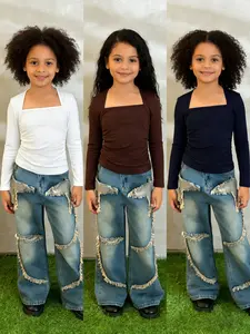 3-piece set of girls' solid color square collar long sleeved top, casual and versatile, essential for daily wear, multi-color combination, slim fit and slimming, French square collar, long sleeved base shirt, girls' clothing