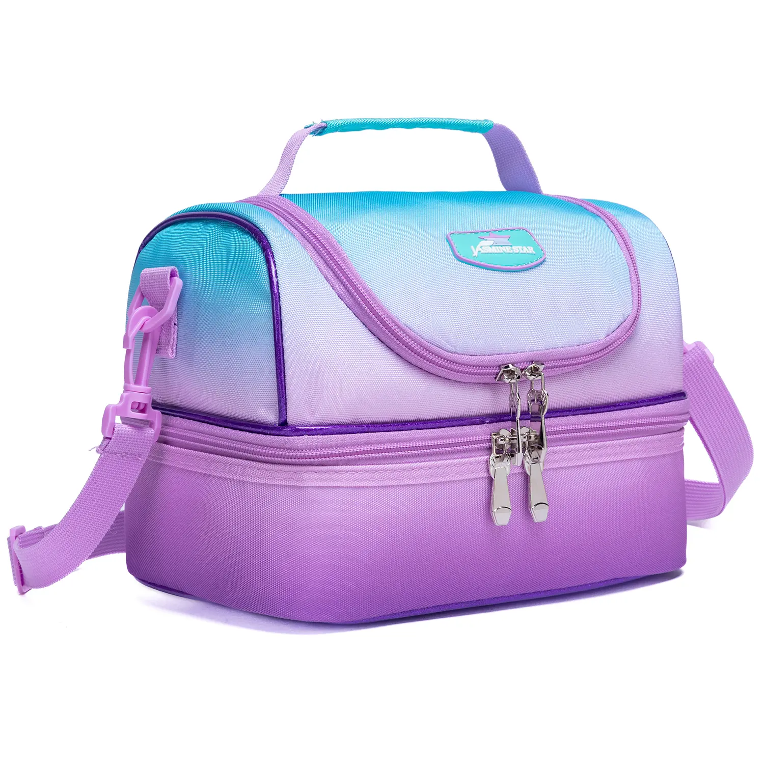 Kids' Gradient Durable Insulated Lunch Bag, Bento Shape Polyester Crossbody with Double-Zip for School, Durable Insulated Bag, Thermal, Graphic, School Use, Food, 3-14Y, Insulated Bento Bag