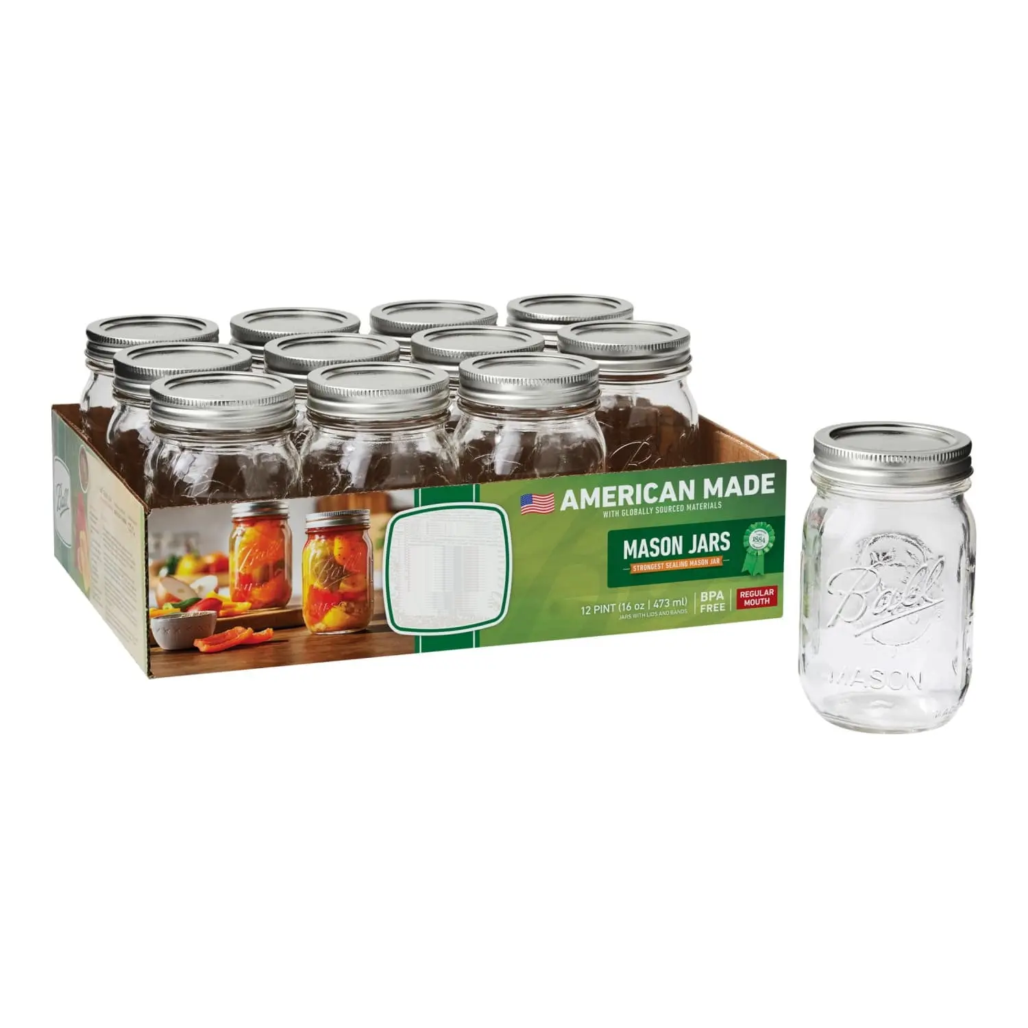 12-Pack 16oz Round Glass Mason Jars Set - Regular Mouth, Airtight BPA-Free Lids & Bands, Safe Leak-Proof Kitchen Preserving Containers for Canning, Storage