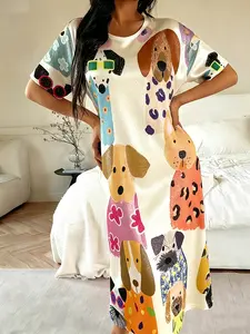 New Fun Cartoon Dog Print Women's Fitted Sleepwear Loungewear, Casual Fashion Versatile Wearable Home Dress, Comfortable Ladies Nightgown