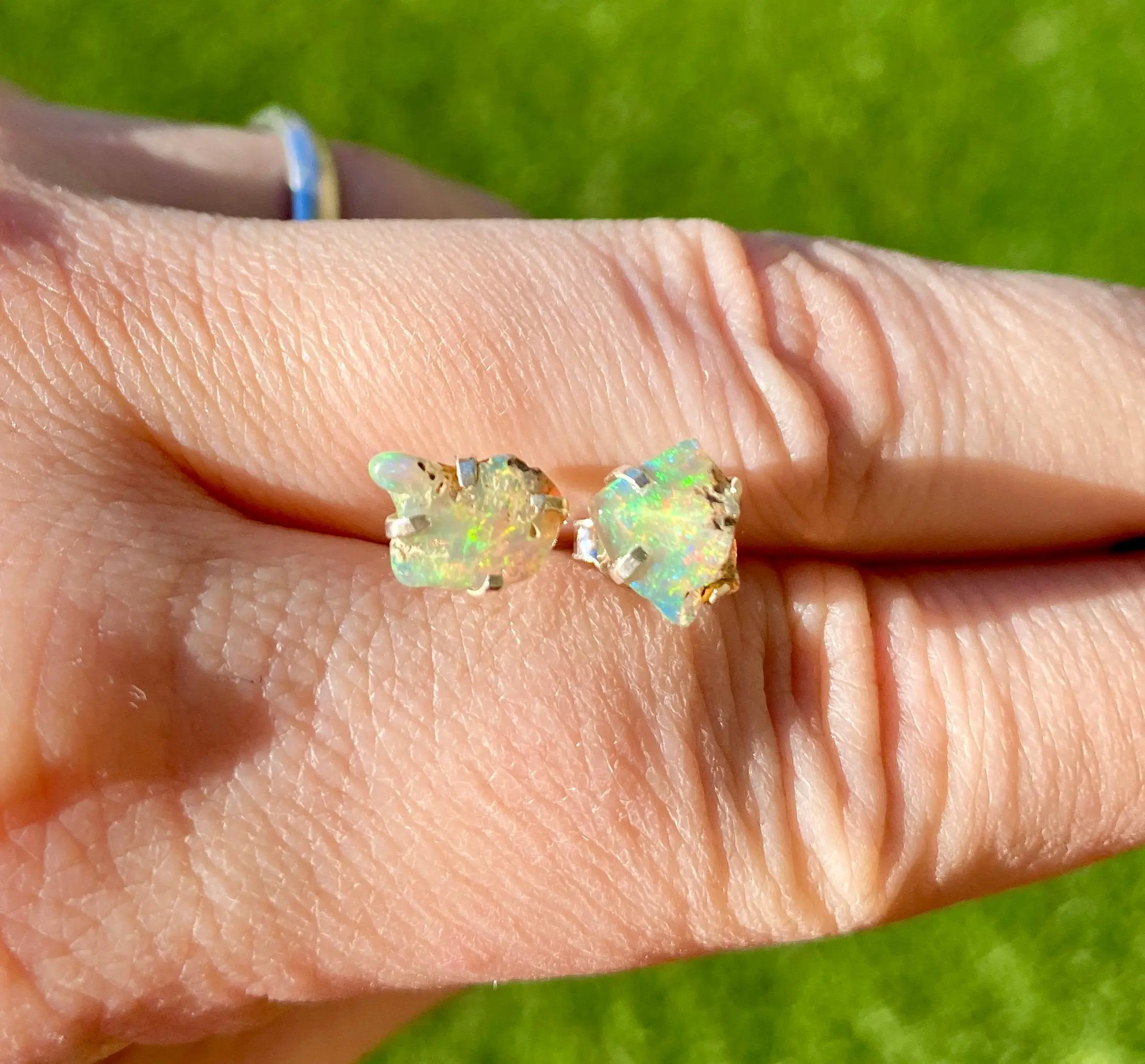 Ethiopian Opal Raw Natural Earrings in Prong Stud Setting - Sterling Silver
