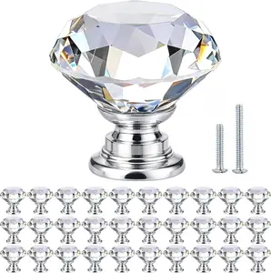 Crystal Cabinet Knobs 30 Pack, 1-3/16 inch Drawer Knobs for Dresr with Two Screws, Diamond Glass Pulls Handles Home Upgrade Spring Renovation (30mm, 30Pack, Clr-Silver)