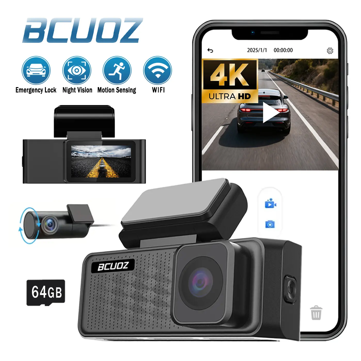 Bcuoz GS100 4K WiFi Dash Cam Front and Rear,  IPS Screen, 170° Wide Angle, 256GB Supported, Night Vision, WiFi & App Control, Car On-Dash Mounted Camera with 24H Parking Mode  TikTokshopBlackFriday