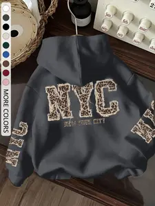 Women's Casual Vintage Nyc Leopard Print Hoodie with Pockets, Long Sleeve Loose Fit Warm Fleece Pullover, Fashionable All-Season Sportswear Sweatshirts