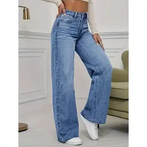 Women’s high-rise stretch denim jeans — straight leg relaxed fit with slant pockets; mid-rise comfort; machine washable washed blue jeans for all-season casual wear; versatile bottoms; classic style; soft material; stylish bottoms; everyday style.
