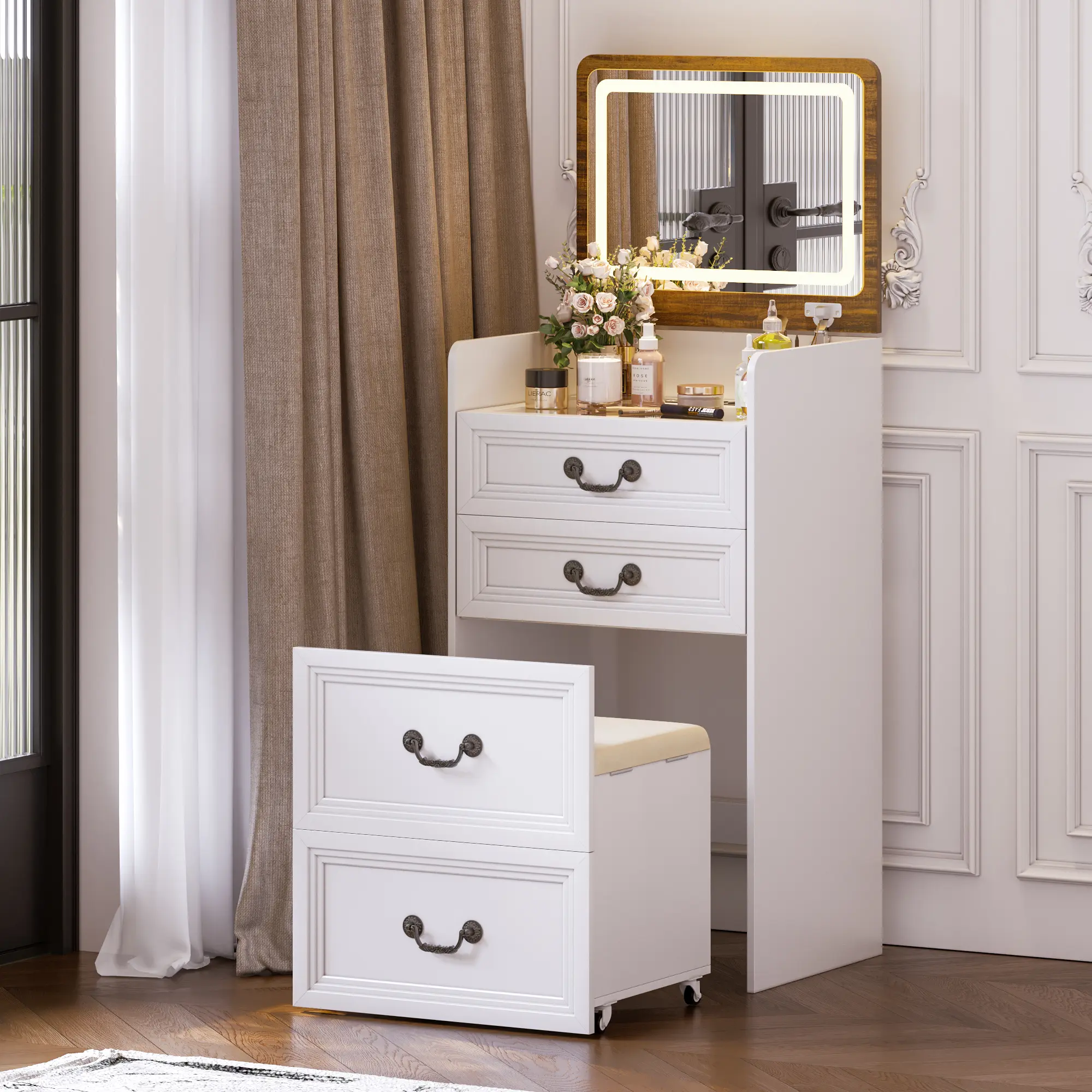 Miu small room vanity with Flip-up LED Mirror, Glass Tabletop,6-Compartment Storage Space, Soft Stool with Hidden Space & Drawer Makeup Vanity Table