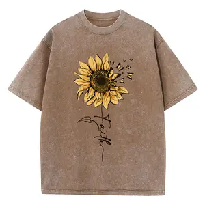valentine shirts Sunflower And Butterfly Cotton Washed T-Shirt Women Prints Tops Summer O-Neck Oversized T Shirts Vintage Black Woman Clothes