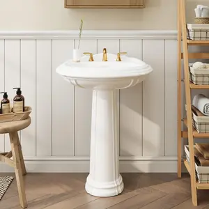 20" x 26" Vintage White Ceramic Pedestal Sink – Classic Freestanding Bathroom Sink with Overflow, 3 Pre-Drilled Holes for 8" Widespread Faucet